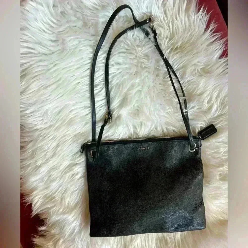 Coach Black Leather Crossbody Bag, Adjustable Strap, Zipper Pebbled Leather